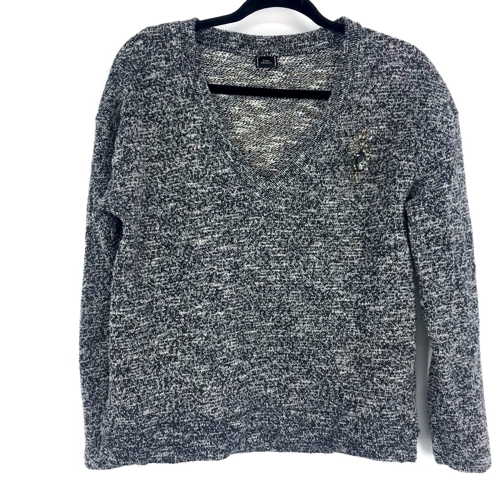 Zara W/B Collection Mixed Knit V-Neck Sweater with Brooch Black/White Size L - Picture 2 of 10